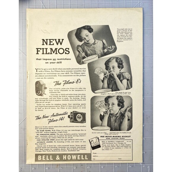 Bell & Howell "Filmo Movie Cameras: Sequence Photos Girl Blowing Bubbles"Ad 1938 - Picture 2 of 3